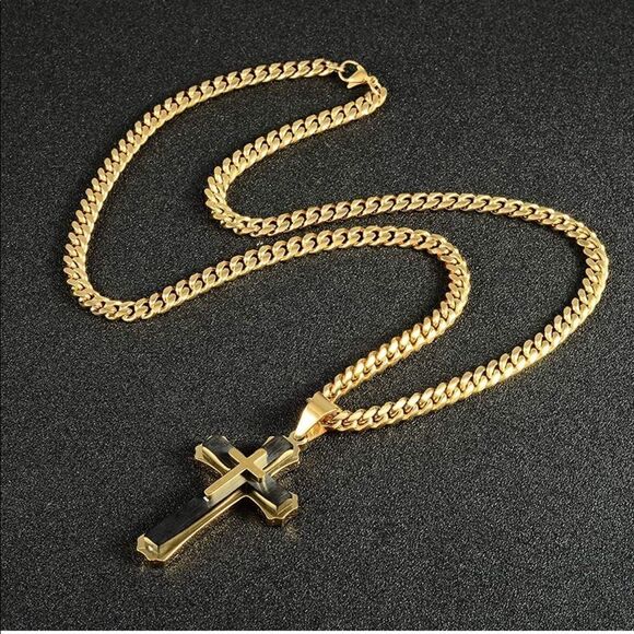 Men’s Gold Black Cross Cuban Chain Necklace - Picture 2 of 8